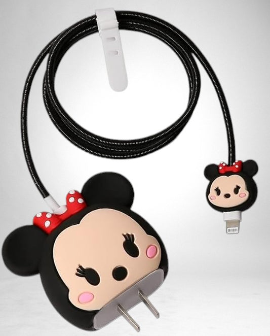 Cable Protector with 3D Cute Pattern for iPhone Charger only 18W & 20W, Data Line Wire Saver Charging Cable Charger Protective Cable, Full Protection Cover 4 in 1 (Black Minnie)