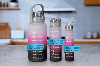 Water Bottle Combo 300Ml, 700Ml & 1850Ml Set Of 3 With Straw | Leak Proof Motivational/Inspire-Hydrate | Time Marker - Grey