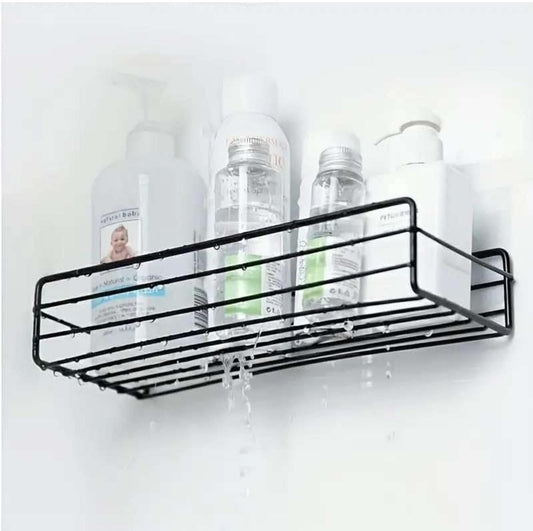 Self Adhesive Bathroom Kitchen Storage Shelf Rack Wall Mounted Bathroom Accessories with 4-Towel Holder Hooks with Black Matt Finish Stainless Steel (Black), Floating Shelves